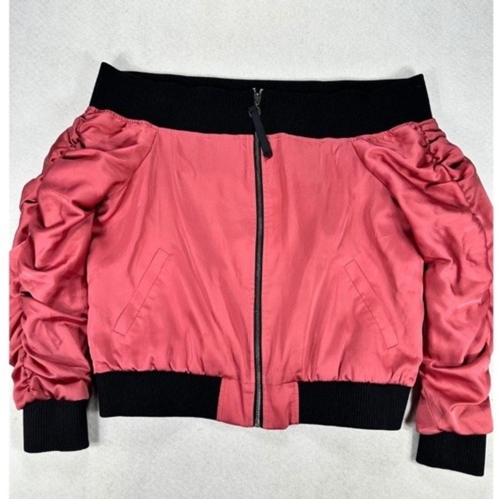 Project Runway Womens XL Off Shoulder Bomber Jacket Slate Rose Ruched Sleeve NWT